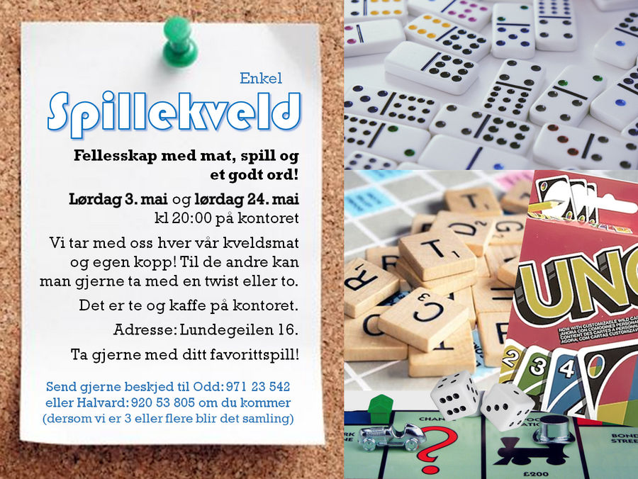 Spillekveld, lørdag 3. mai og lørdag 24. mai på Kontoret
